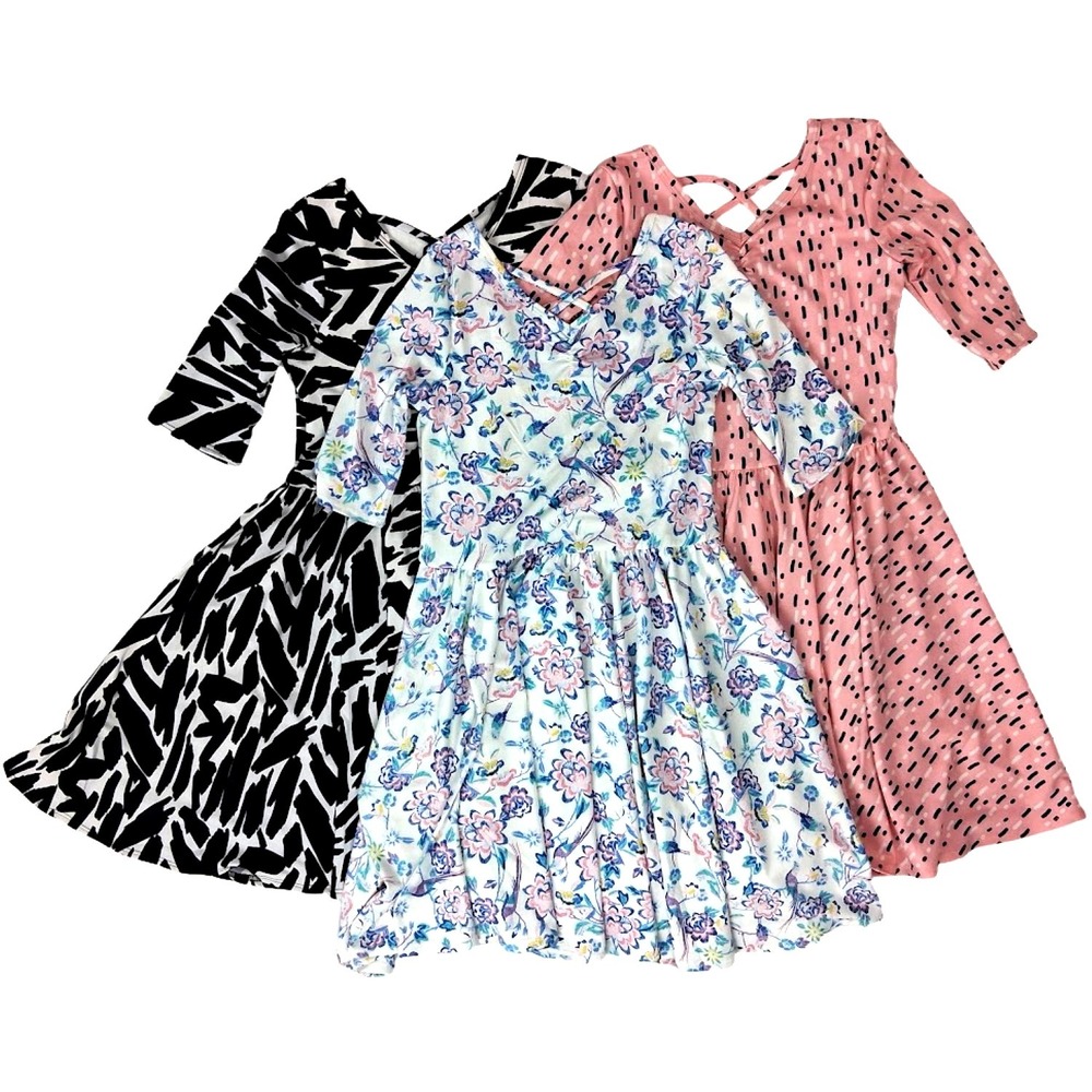 Dot Smile Girls 7 Ballerina Twirl Dress Lot 3/4 Sleeve V-Neck 3pc NWT